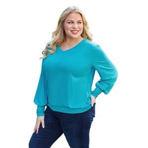 BASIC BAE Plus Sky Blue V-Neck Long Lantern Sleeve Banded Waist Top NEW